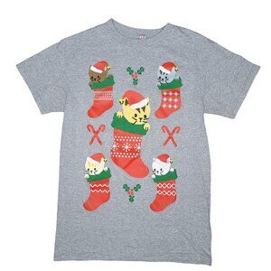 Christmas Cat Stocking Graphic Tee Lightweight & Soft Size S Cute Festive Design